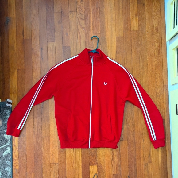 Fred Perry Red Track Jacket with White Stripes - Picture 2 of 7